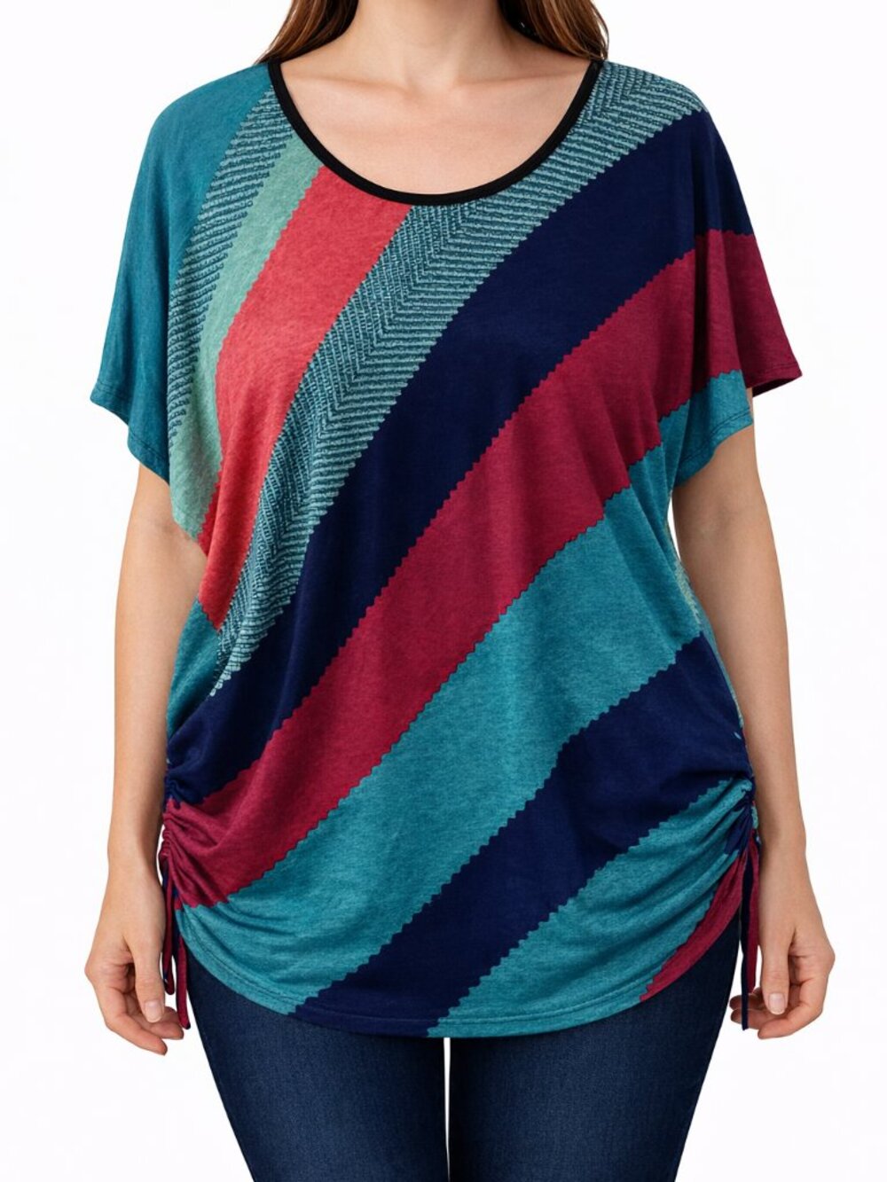 LAVISH Brand Women's Teal, Burgandy & Diagonal Striped Blouse - L